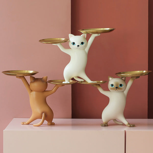 Cat Sculpture Decorative Resin Tray Set